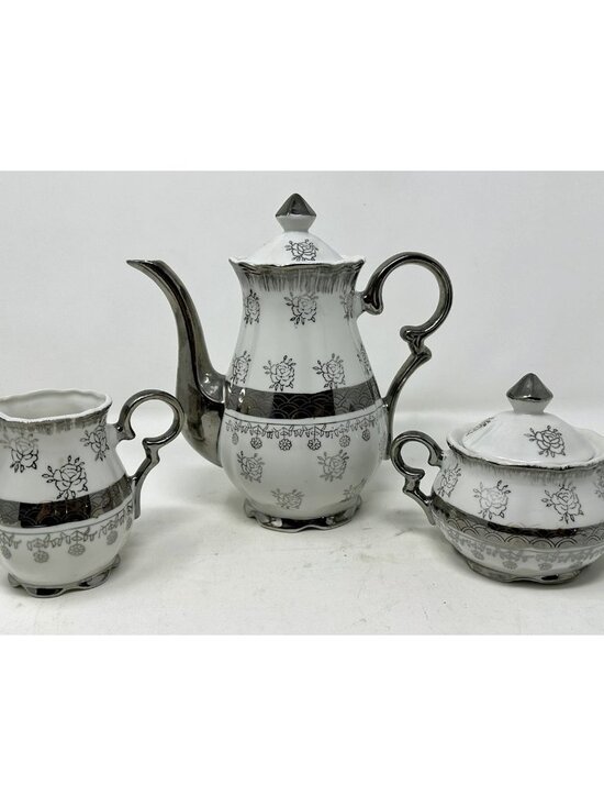 Sterling China Other - STERLING CHINA 3 Pce Set Tea Pot w/Lid Creamer Sugar Floral Platinum Trim Japan
